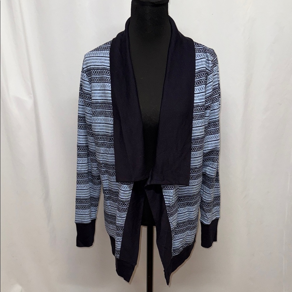 NorthCrest Classic Blue Black Open Front Cardigan Shawl Collar Large NWT